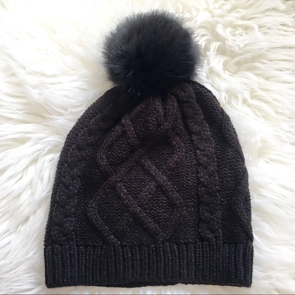 J. Crew Faux Fur Pom Pom Black Beanie Hat